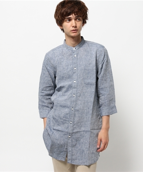 WHO'S WHO gallery（フーズフーギャラリー）の「【GIGGER】リネンバンドカラー7分袖（シャツ/ブラウス・メンズ・ホワイト/ダークブルー/サックスブルー/ブルー・LARGE/MEDIUM）」の4枚目の写真