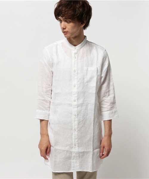 WHO'S WHO gallery（フーズフーギャラリー）の「【GIGGER】リネンバンドカラー7分袖（シャツ/ブラウス・メンズ・ホワイト/ダークブルー/サックスブルー/ブルー・LARGE/MEDIUM）」の2枚目の写真