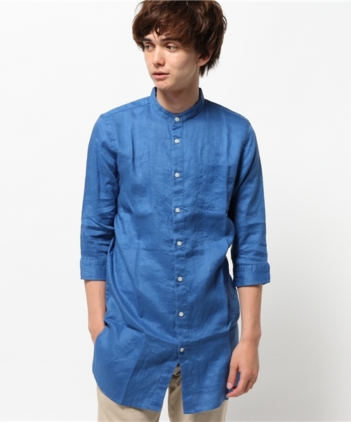 WHO'S WHO gallery（フーズフーギャラリー）の「【GIGGER】リネンバンドカラー7分袖（シャツ/ブラウス・メンズ・ホワイト/ダークブルー/サックスブルー/ブルー・LARGE/MEDIUM）」の3枚目の写真