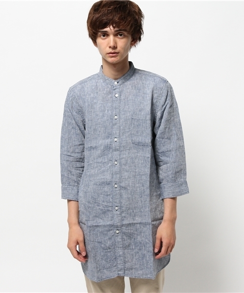 WHO'S WHO gallery（フーズフーギャラリー）の「【GIGGER】リネンバンドカラー7分袖（シャツ/ブラウス・メンズ・ホワイト/ダークブルー/サックスブルー/ブルー・LARGE/MEDIUM）」の8枚目の写真