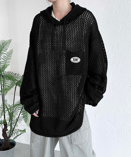sedacle（セダクル）の「フード付き　ポケットメッシュニット（ニット/セーター・メンズ・ブラック/ネイビー/ブラウン/アイボリー・MEDIUM/LARGE）」の3枚目の写真