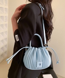 【2WAY/3WAY】フェイクレザープリーツ巾着バッグ/ハンドバッグ/ショルダーバッグ