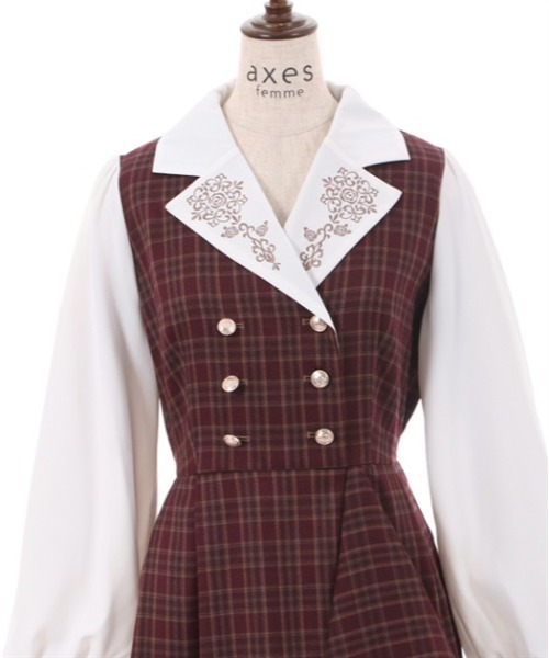 axes femme(アクシーズファム)の「襟刺繍ドッキングワンピース(ワンピース・レディース・ワイン/ブラウン・FREE)」の7枚目の写真