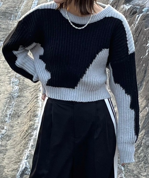 Reurie'(レウリィ)の「【ZOZO限定】クロップドバイカラーケーブルマーブルニット / cropped bicolor marble knit ショート丈 クロップド丈 バイカラー 配色 プルオーバー ジャガード ニュアンス ホワイト ブラック グレー(ニット/セーター・レディース・ブラック×グレー/グレー×ホワイト・FREE)」の1枚目の写真