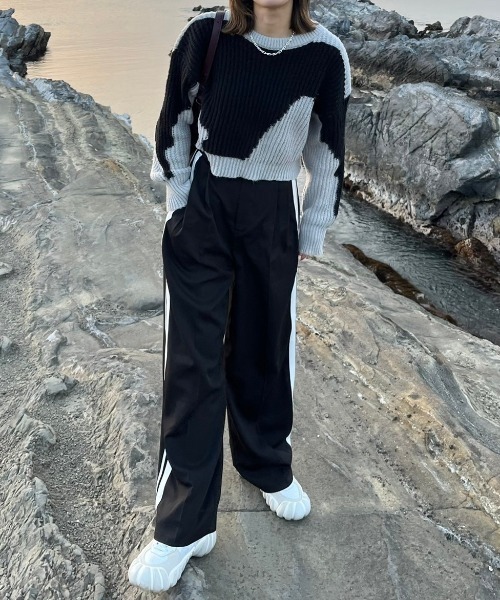 Reurie'(レウリィ)の「【ZOZO限定】クロップドバイカラーケーブルマーブルニット / cropped bicolor marble knit ショート丈 クロップド丈 バイカラー 配色 プルオーバー ジャガード ニュアンス ホワイト ブラック グレー(ニット/セーター・レディース・ブラック×グレー/グレー×ホワイト・FREE)」の4枚目の写真