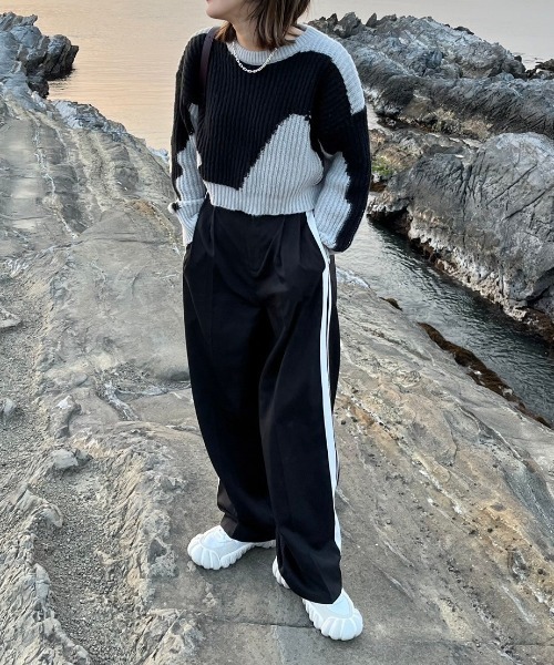 Reurie'(レウリィ)の「【ZOZO限定】クロップドバイカラーケーブルマーブルニット / cropped bicolor marble knit ショート丈 クロップド丈 バイカラー 配色 プルオーバー ジャガード ニュアンス ホワイト ブラック グレー(ニット/セーター・レディース・ブラック×グレー/グレー×ホワイト・FREE)」の5枚目の写真