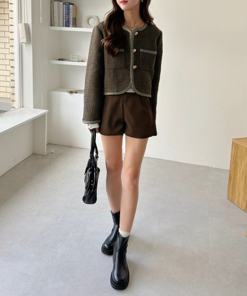 セール】パイピング ツイード ライク 金ボタン ジャケット（ノーカラー