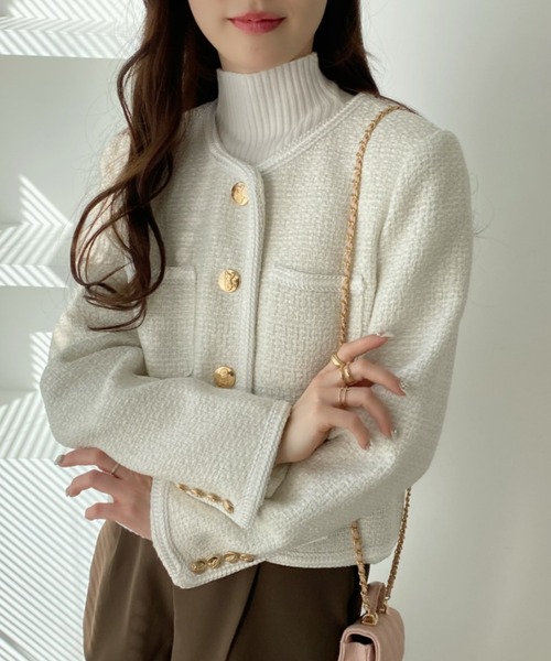 【未使用・タグ付き】フレイアイディ 金ボタンツイードノーカラージャケット ジャケット ノーカラージャケット ゴールドボタンツイード