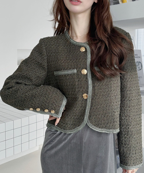 セール】パイピング ツイード ライク 金ボタン ジャケット（ノーカラー