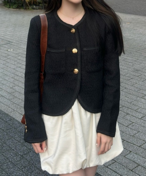 セール】パイピング ツイード ライク 金ボタン ジャケット（ノーカラー