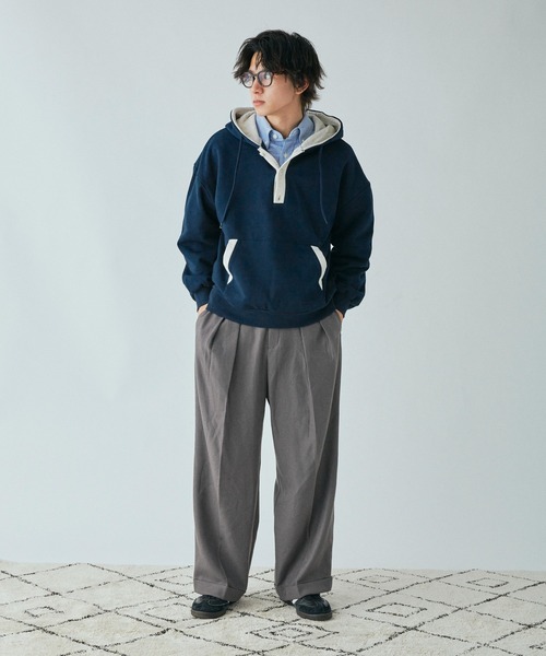 Adoon plain(アドーンプレーン)の「ヘンリーネックバイカラーフーディー(パーカー・メンズ・杢グレー/ネイビー・MEDIUM/LARGE)」の7枚目の写真