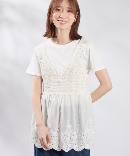極美品★LDprimeコットンレース刺繍が美しいキャミソールチュニック　ホワイト シアーコットンレースキャミチュニック（キャミソール）｜merry