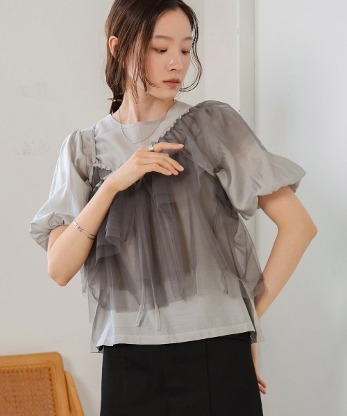 Bab（バブ）の「【2点セット】チュールビスチェ＋ボリュームスリーブブラウスセット（シャツ/ブラウス・レディース・アイボリー/グレー/ベージュ・M）」の13枚目の写真