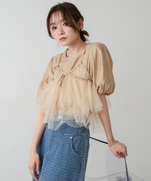 Bab（バブ）の「【2点セット】チュールビスチェ＋ボリュームスリーブブラウスセット（シャツ/ブラウス・レディース・アイボリー/グレー/ベージュ・M）」の22枚目の写真