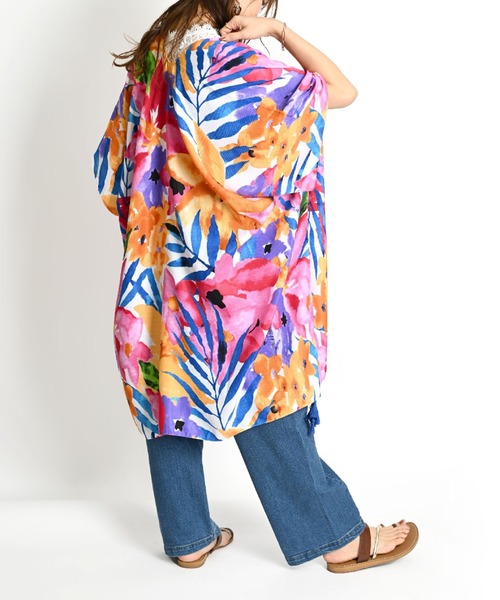 セール】ボタニカル柄 花柄 半袖ロングカーディガン 五分袖