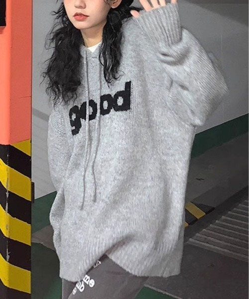 kirakiraShop(キラキラショップ)の「ビッグ ロゴ ニット フーディー トップス(ニット/セーター・レディース・グレー/レッド/ネイビー/ベージュ・FREE)」の6枚目の写真