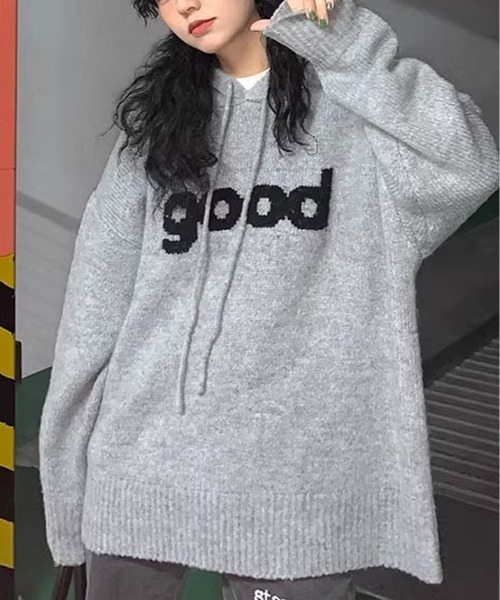 kirakiraShop(キラキラショップ)の「ビッグ ロゴ ニット フーディー トップス(ニット/セーター・レディース・グレー/レッド/ネイビー/ベージュ・FREE)」の7枚目の写真