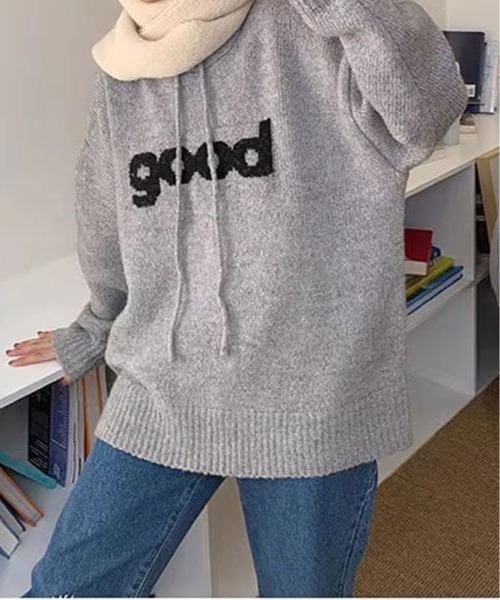 kirakiraShop(キラキラショップ)の「ビッグ ロゴ ニット フーディー トップス(ニット/セーター・レディース・グレー/レッド/ネイビー/ベージュ・FREE)」の5枚目の写真