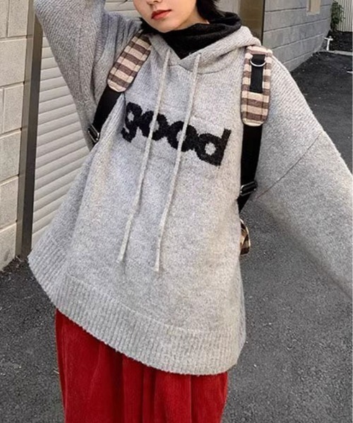 kirakiraShop(キラキラショップ)の「ビッグ ロゴ ニット フーディー トップス(ニット/セーター・レディース・グレー/レッド/ネイビー/ベージュ・FREE)」の10枚目の写真