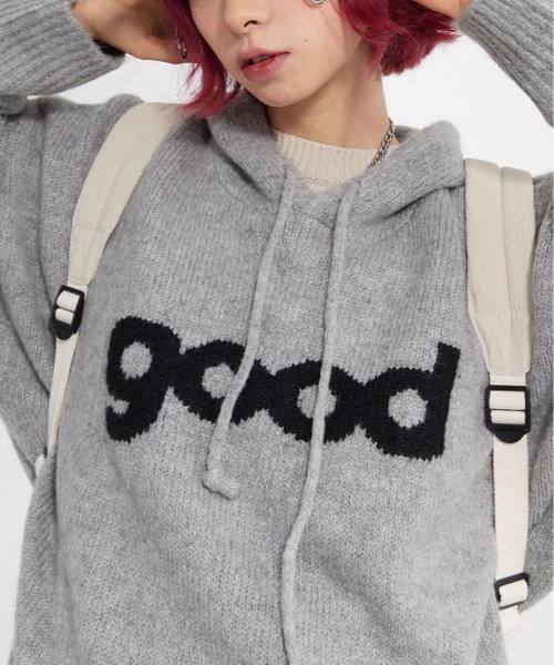 kirakiraShop(キラキラショップ)の「ビッグ ロゴ ニット フーディー トップス(ニット/セーター・レディース・グレー/レッド/ネイビー/ベージュ・FREE)」の11枚目の写真