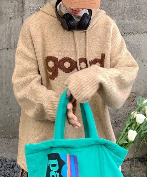 kirakiraShop(キラキラショップ)の「ビッグ ロゴ ニット フーディー トップス(ニット/セーター・レディース・グレー/レッド/ネイビー/ベージュ・FREE)」の12枚目の写真