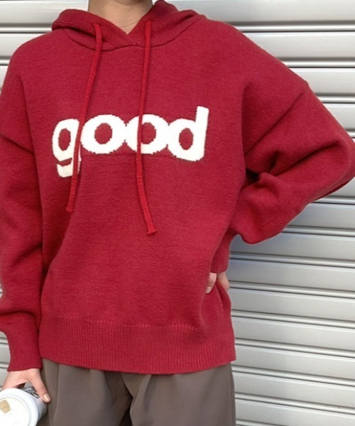 kirakiraShop(キラキラショップ)の「ビッグ ロゴ ニット フーディー トップス(ニット/セーター・レディース・グレー/レッド/ネイビー/ベージュ・FREE)」の21枚目の写真