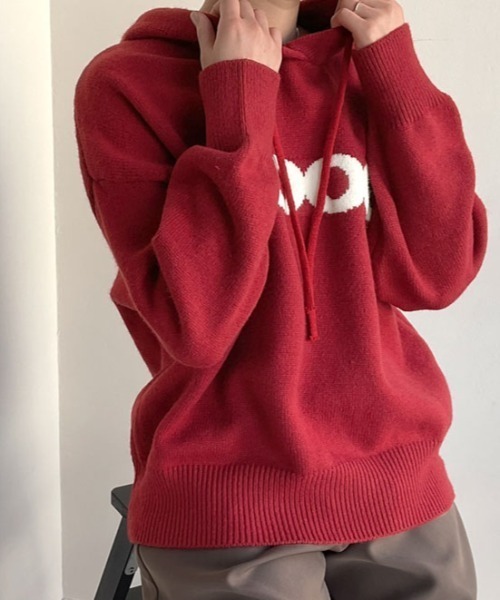 kirakiraShop(キラキラショップ)の「ビッグ ロゴ ニット フーディー トップス(ニット/セーター・レディース・グレー/レッド/ネイビー/ベージュ・FREE)」の19枚目の写真