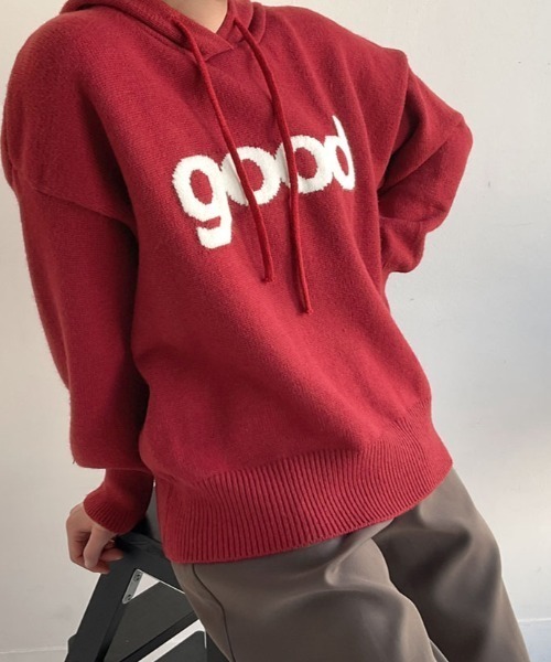 kirakiraShop(キラキラショップ)の「ビッグ ロゴ ニット フーディー トップス(ニット/セーター・レディース・グレー/レッド/ネイビー/ベージュ・FREE)」の20枚目の写真