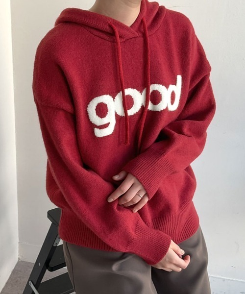 kirakiraShop(キラキラショップ)の「ビッグ ロゴ ニット フーディー トップス(ニット/セーター・レディース・グレー/レッド/ネイビー/ベージュ・FREE)」の18枚目の写真