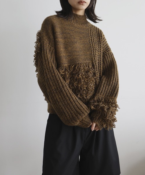 美品 エストネーション ニット フリンジ ウール混 ポンチョ 38 ブラック 編地切り替えフリンジハイネックニット（ニット/セーター