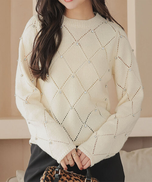ダイヤ柄ビジューニットトップス（ニット/セーター）｜KOBE LETTUCE  