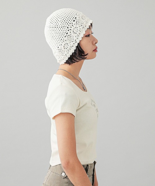 X-girl（エックスガール）の「CROCHET BEANIE（ニットキャップ/ビーニー・レディース・ブラック/ホワイト・ONE SIZE）」の11枚目の写真