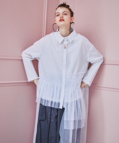 manana suerte（マニャーナスエルテ）の「アシンメトリーチュールレースシャツ（シャツ/ブラウス・レディース・ホワイト/ブラック・FREE）」の4枚目の写真