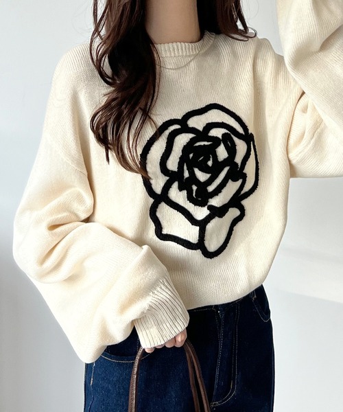 Futier land(フューティアランド)の「バラ相良刺繍ビッグニットプルオーバー(ニット/セーター・レディース・アイボリー/ブラック・FREE)」の13枚目の写真