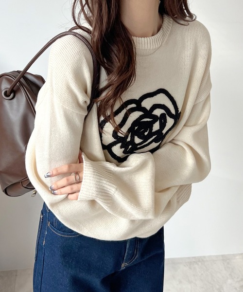 Futier land(フューティアランド)の「バラ相良刺繍ビッグニットプルオーバー(ニット/セーター・レディース・アイボリー/ブラック・FREE)」の14枚目の写真