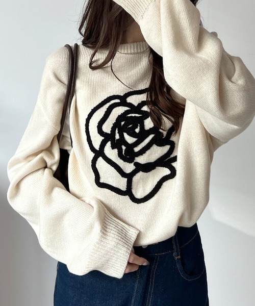 Futier land(フューティアランド)の「バラ相良刺繍ビッグニットプルオーバー(ニット/セーター・レディース・アイボリー/ブラック・FREE)」の18枚目の写真