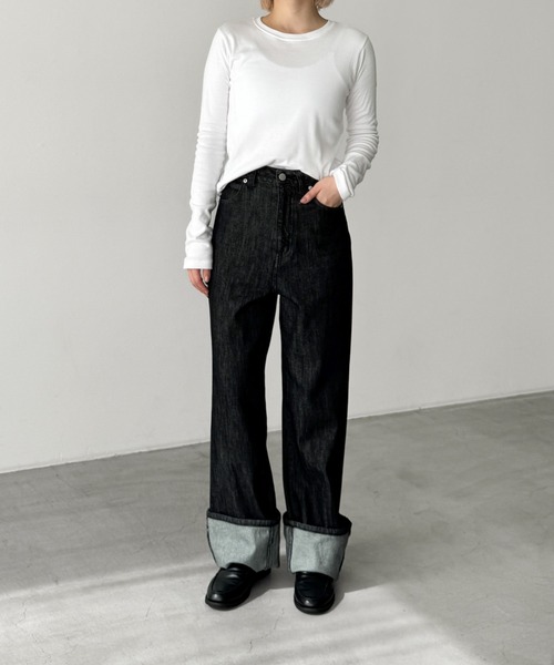 CANAL JEAN（キャナルジーン）の「ロールアップハイウエストデニムパンツ（デニムパンツ・レディース・インディゴブルー/ブラック・マルチサイズ）」の22枚目の写真