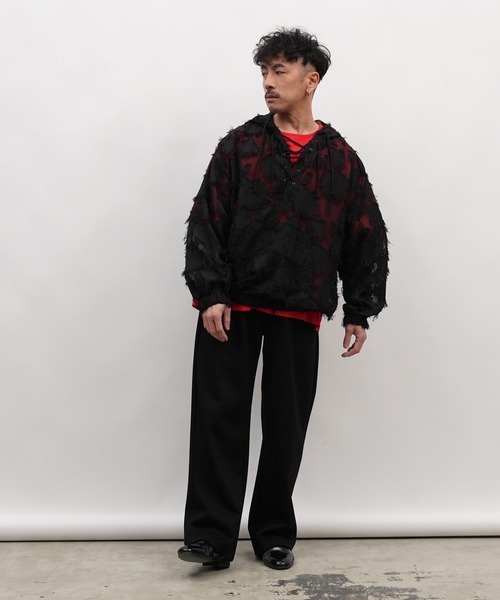 Aphlotus(アプロタス)の「フリンジジャガード レースアップ シアー プルパーカー(パーカー・メンズ・ブラック/アイボリー・SMALL/MEDIUM/LARGE)」の17枚目の写真