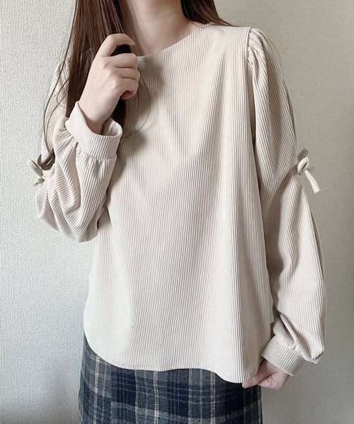 Nana(ナナ)の「コーデュロイリボントップス(Tシャツ/カットソー・レディース・ベージュ/チャコールグレー・FREE)」の3枚目の写真