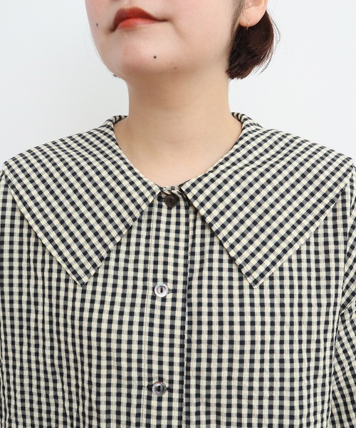 CHILD WOMAN（チャイルドウーマン）の「☆ドビーギンガム 5分袖ショート前あきブラウス(セットアップ対応)（シャツ/ブラウス・レディース・ブラック/ブラウン・FREE）」の13枚目の写真