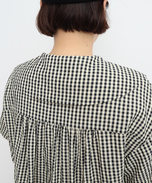 CHILD WOMAN（チャイルドウーマン）の「☆ドビーギンガム 5分袖ショート前あきブラウス(セットアップ対応)（シャツ/ブラウス・レディース・ブラック/ブラウン・FREE）」の14枚目の写真