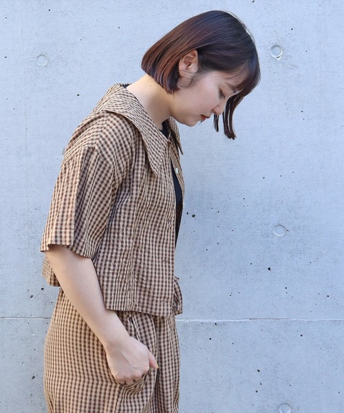 CHILD WOMAN（チャイルドウーマン）の「☆ドビーギンガム 5分袖ショート前あきブラウス(セットアップ対応)（シャツ/ブラウス・レディース・ブラック/ブラウン・FREE）」の19枚目の写真
