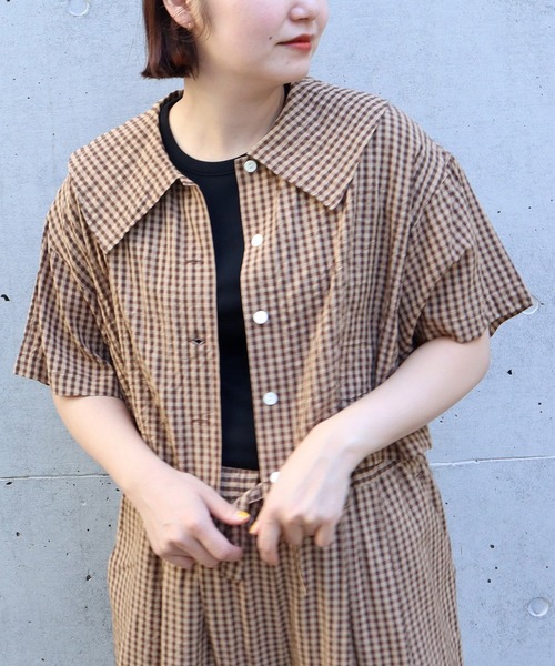 CHILD WOMAN（チャイルドウーマン）の「☆ドビーギンガム 5分袖ショート前あきブラウス(セットアップ対応)（シャツ/ブラウス・レディース・ブラック/ブラウン・FREE）」の21枚目の写真