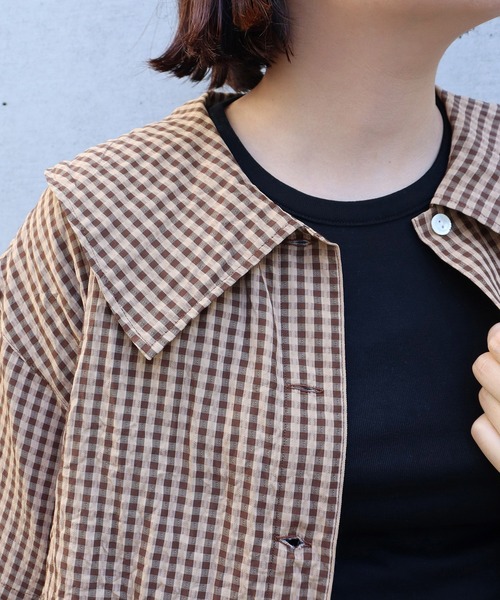 CHILD WOMAN チャイルドウーマン 80d綾羽二重シャンタン リボンドルマン袖ブラウス ドビーギンガム 5分袖ショート前あきブラウス(セットアップ対応
