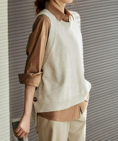 ニットベスト サイドスリット 春秋重ね着 クルーネック レディース