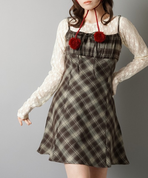 SPINNS（スピンズ）の「チェックリボンミニキャミワンピース（ワンピース・レディース・ブラック/サックスブルー/ベージュ/ブラウン・ONESIZE）」の7枚目の写真