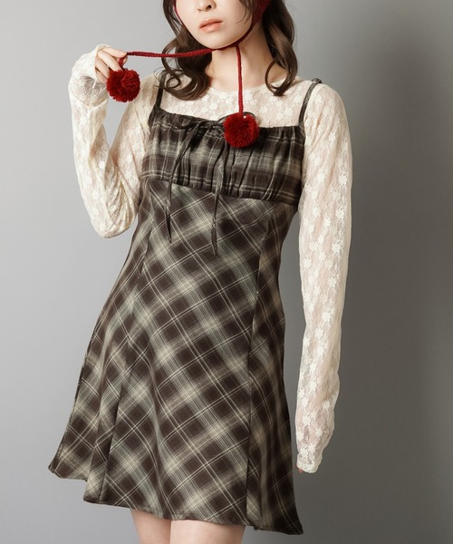 SPINNS（スピンズ）の「チェックリボンミニキャミワンピース（ワンピース・レディース・ブラック/サックスブルー/ベージュ/ブラウン・ONESIZE）」の8枚目の写真