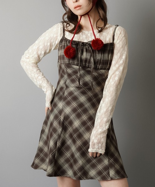 SPINNS（スピンズ）の「チェックリボンミニキャミワンピース（ワンピース・レディース・ブラック/サックスブルー/ベージュ/ブラウン・ONESIZE）」の10枚目の写真