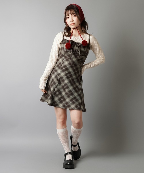 SPINNS（スピンズ）の「チェックリボンミニキャミワンピース（ワンピース・レディース・ブラック/サックスブルー/ベージュ/ブラウン・ONESIZE）」の17枚目の写真