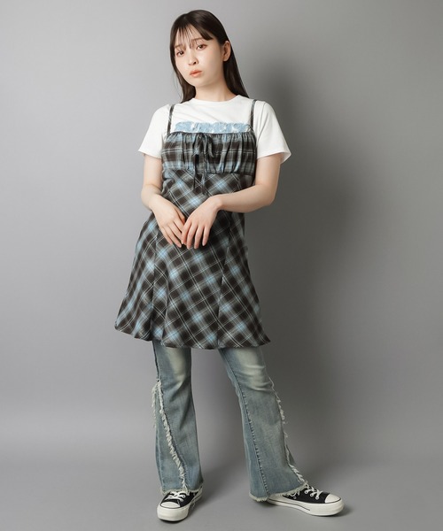 チェックリボンミニワンピース SPINNS ワンピース チェックリボンミニキャミワンピース